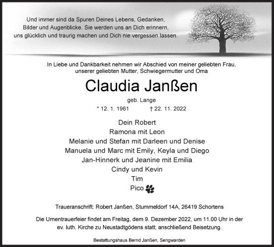 Traueranzeigen Von Claudia Jan En Nordwest Trauer De