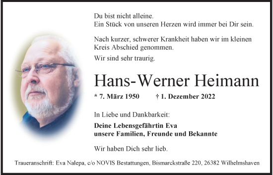 Traueranzeigen Von Hans Werner Heimann Nordwest Trauer De