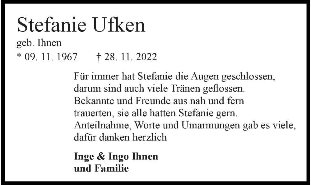 Traueranzeigen Von Stefanie Ufken Nordwest Trauer De