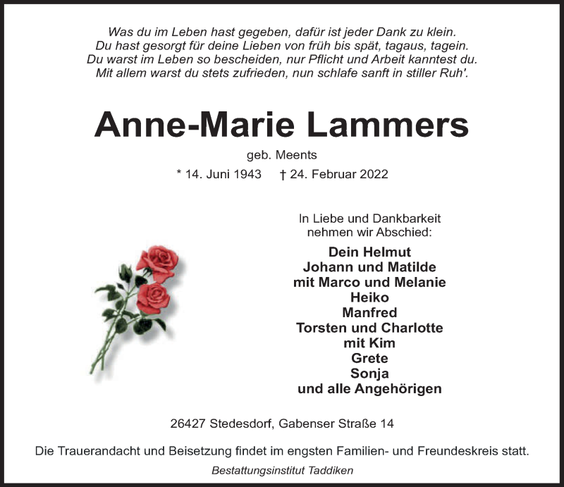 Traueranzeigen Von Anne Marie Lammers Nordwest Trauer De