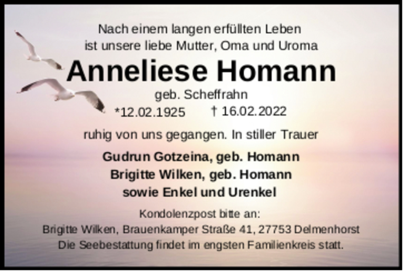 Traueranzeigen Von Anneliese Homann Nordwest Trauer De