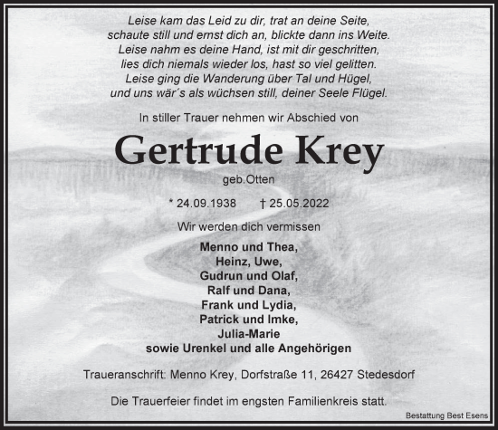 Traueranzeigen Von Gertrude Krey Nordwest Trauer De