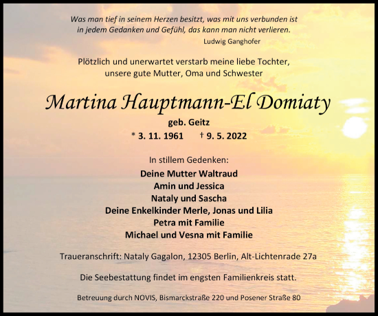 Traueranzeige von Martina Hauptmann-El Dominaty von Wilhelmshavener Zeitung