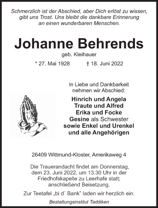 Traueranzeigen Von Johanne Behrends Nordwest Trauer De