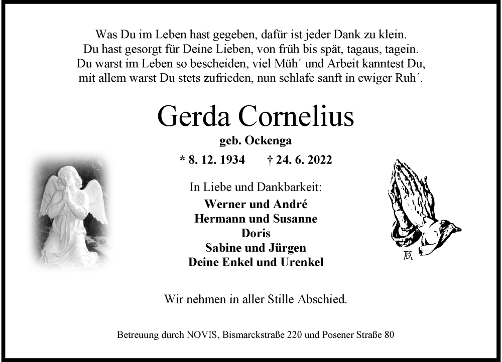 Traueranzeigen Von Gerda Cornelius Nordwest Trauer De