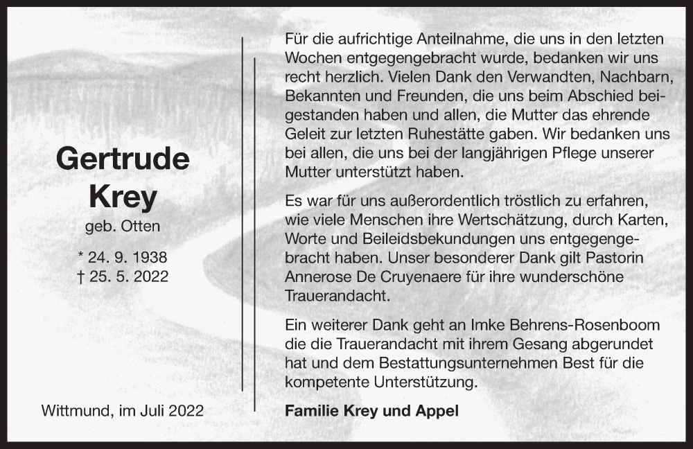 Traueranzeigen Von Gertrude Krey Nordwest Trauer De