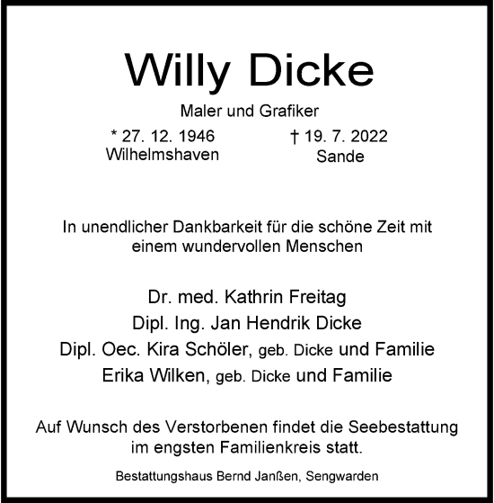 Traueranzeigen Von Willy Dicke Nordwest Trauer De