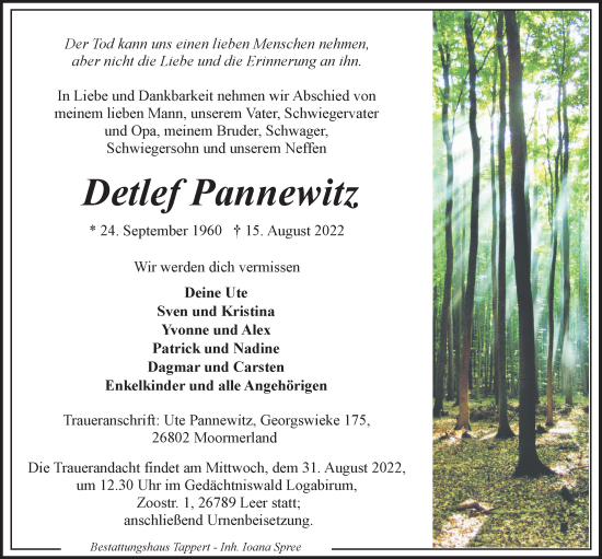 Traueranzeigen Von Detlef Pannewitz Nordwest Trauer De