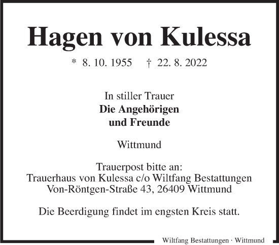 Traueranzeigen Von Hagen Von Kulessa Nordwest Trauer De