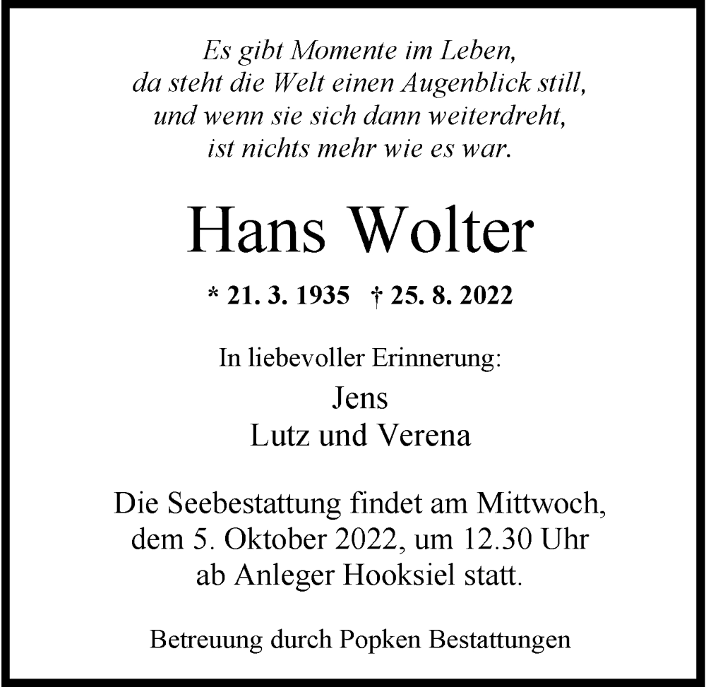 Traueranzeigen Von Hans Wolter Nordwest Trauer De