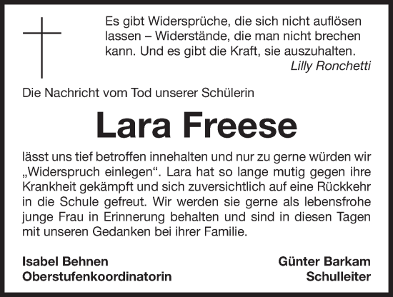 Traueranzeigen Von Lara Freese Nordwest Trauer De