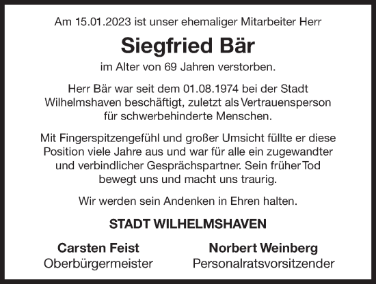 Traueranzeigen von Siegfried Bär nordwest trauer de