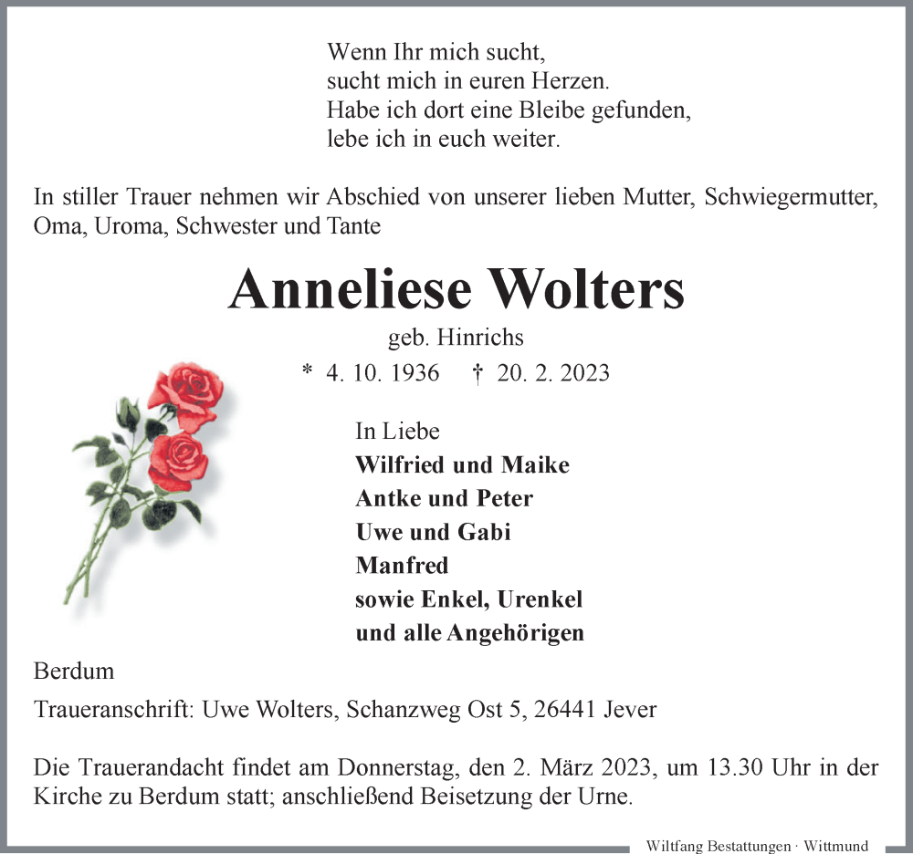 Traueranzeigen Von Anneliese Wolters Nordwest Trauer De