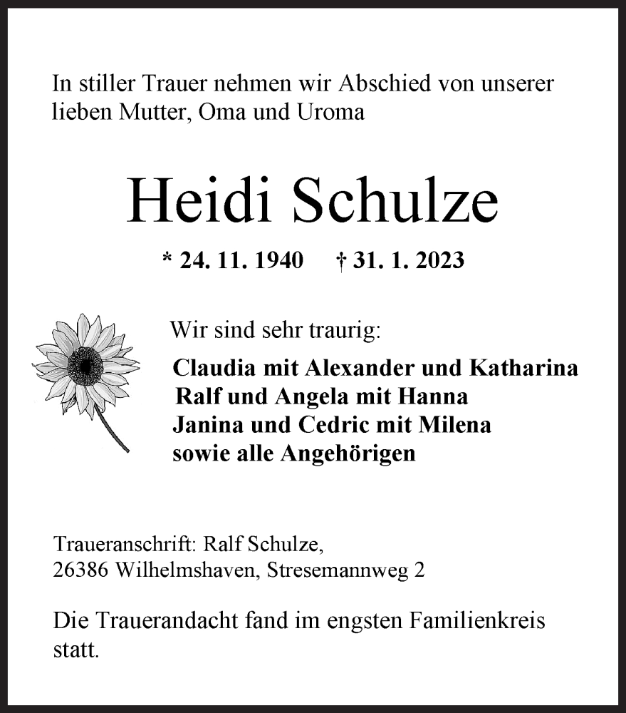 Traueranzeigen Von Heidi Schulze Nordwest Trauer De