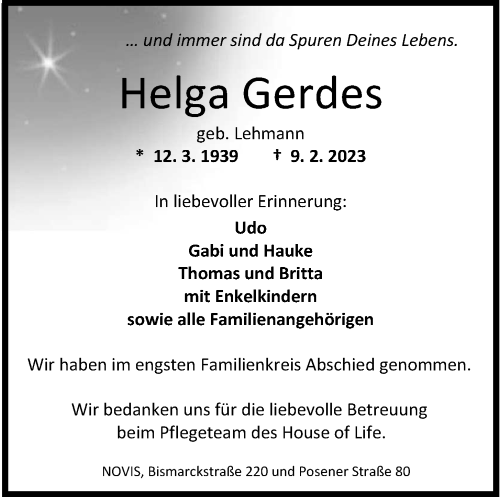 Traueranzeigen Von Helga Gerdes Nordwest Trauer De