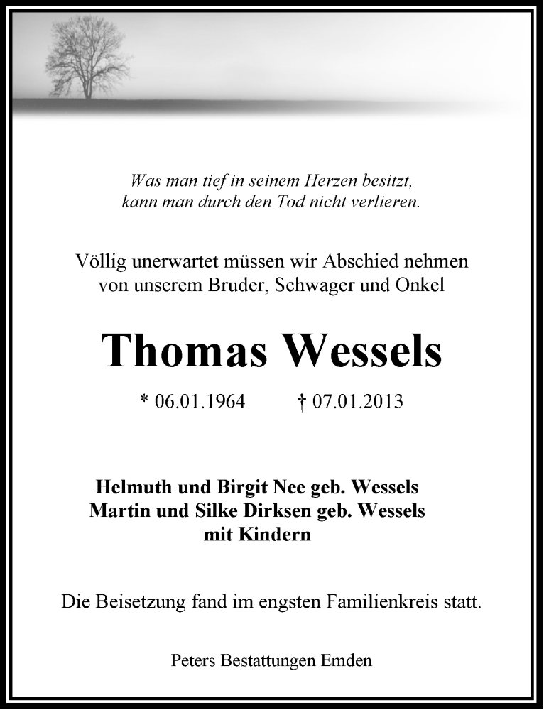 Traueranzeigen Von Thomas Wessels Nordwest Trauer De