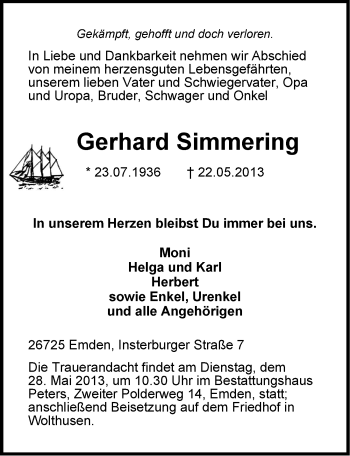 Traueranzeigen Von Gerhard Simmering Nordwest Trauer De