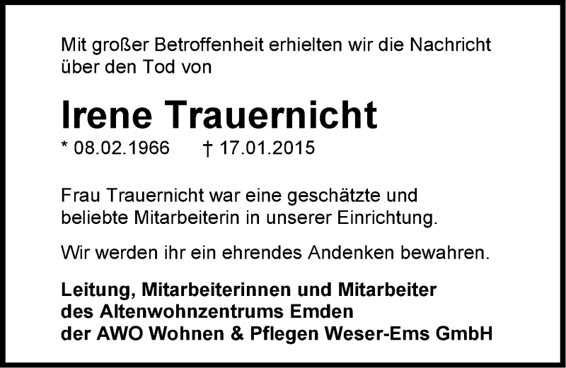 Traueranzeigen Von Irene Trauernicht Nordwest Trauer De