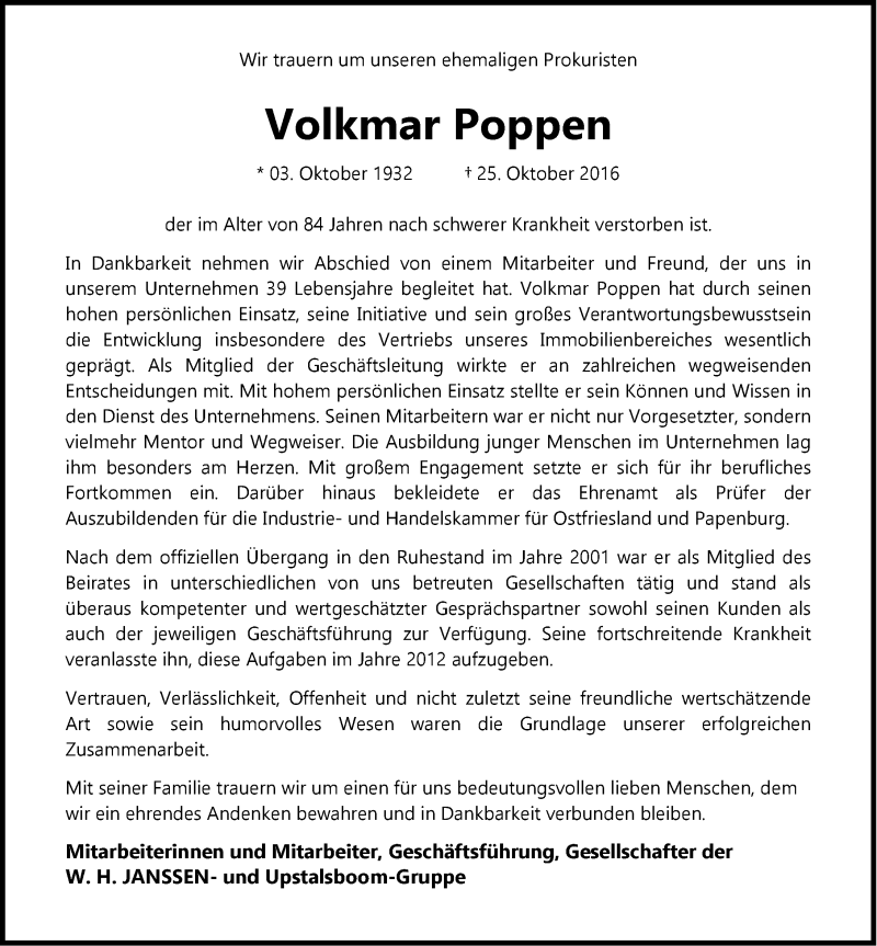 Traueranzeigen Von Volkmar Poppen Nordwest Trauer De