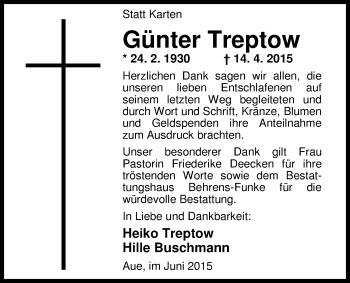 Traueranzeige von Günter Treptow von Nordwest-Zeitung