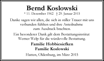 Traueranzeige von Bernd Koslowski von Nordwest-Zeitung