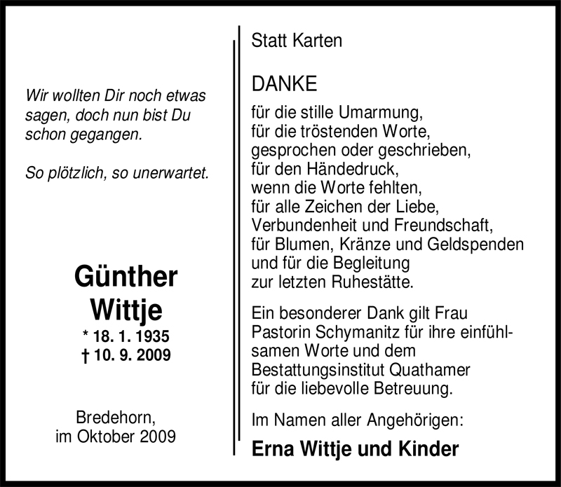 Traueranzeige für Günther Wittje vom 24.10.2009 aus Nordwest-Zeitung