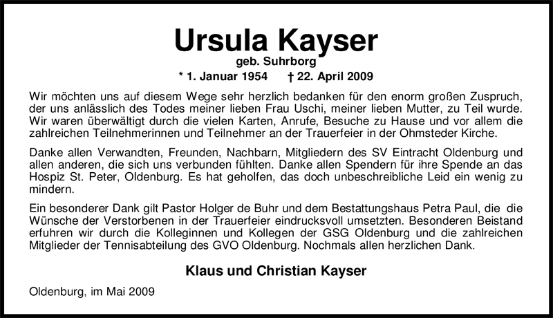  Traueranzeige für Ursula Kayser vom 29.05.2009 aus Nordwest-Zeitung