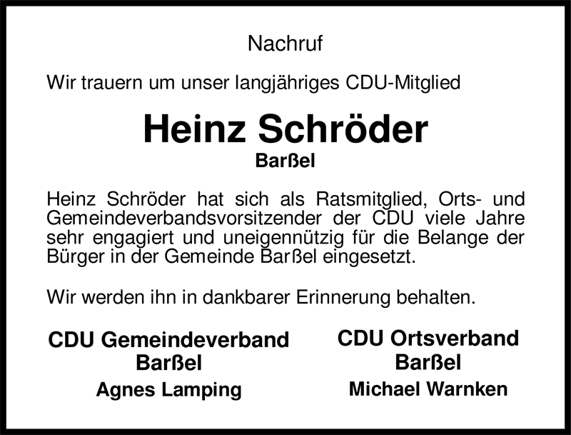  Traueranzeige für Heinz Schröder vom 15.10.2009 aus Nordwest-Zeitung