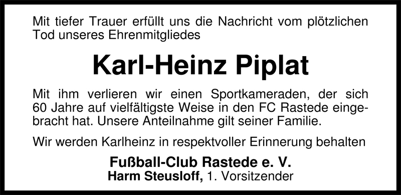  Traueranzeige für Karl-Heinz Piplat vom 01.04.2009 aus Nordwest-Zeitung