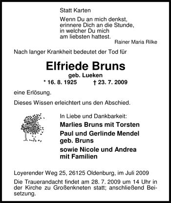 Traueranzeige von Elfriede Bruns von Nordwest-Zeitung