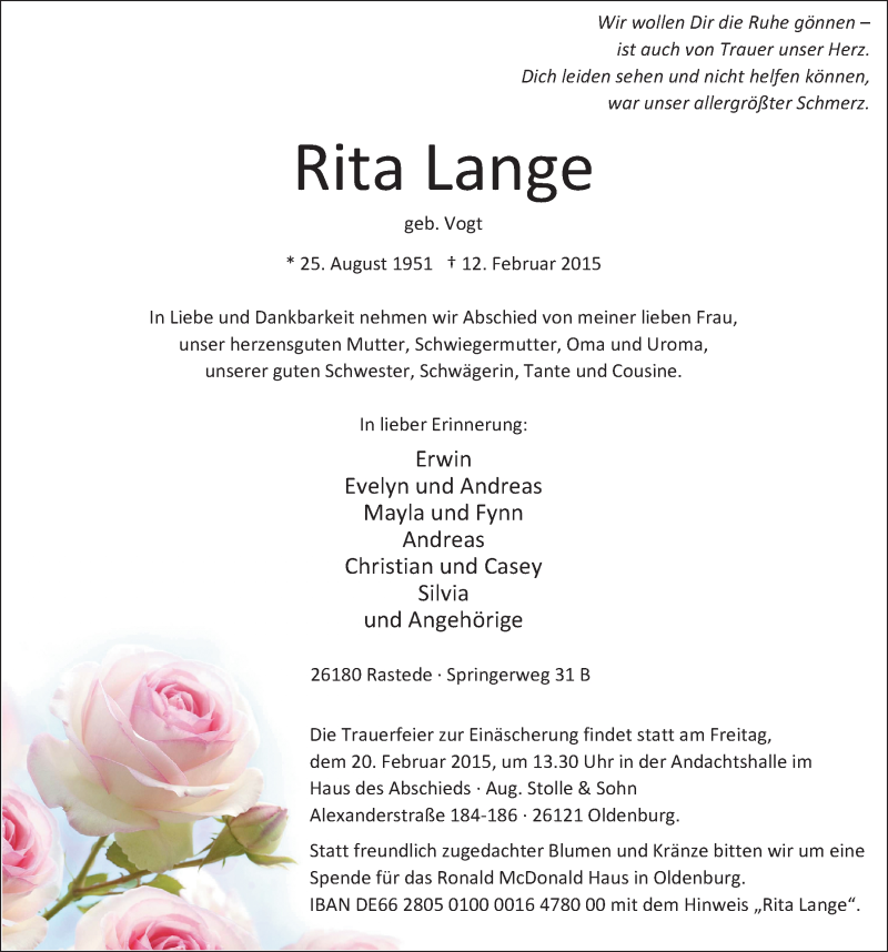  Traueranzeige für Rita Lange vom 17.02.2015 aus Nordwest-Zeitung