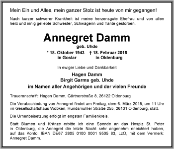 Traueranzeige von Annegret Damm von Nordwest-Zeitung