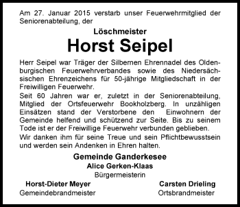 Traueranzeige von Horst Seipel von Nordwest-Zeitung