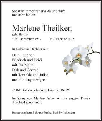 Traueranzeige von Marlene Theilken von Nordwest-Zeitung