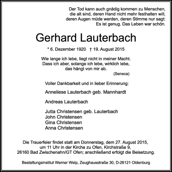 Traueranzeige von Gerhard Lauterbach von Nordwest-Zeitung
