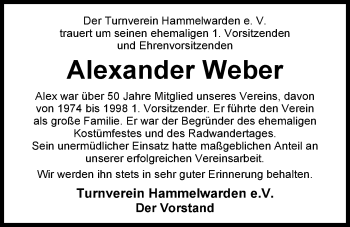 Traueranzeige von Alexander Hermann Hans Weber von Nordwest-Zeitung