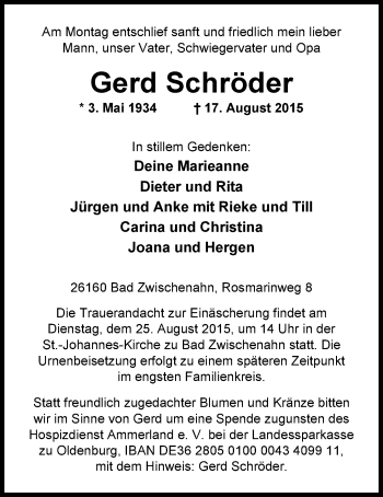 Traueranzeige von Gerd Schröder von Nordwest-Zeitung