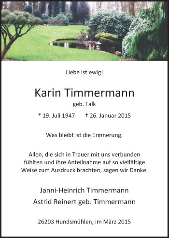 Traueranzeige von Karin Timmermann von Nordwest-Zeitung