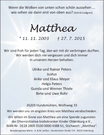 Traueranzeige von Matthea Peters von Nordwest-Zeitung