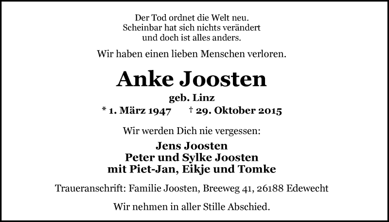  Traueranzeige für Anke Joosten vom 03.11.2015 aus Nordwest-Zeitung