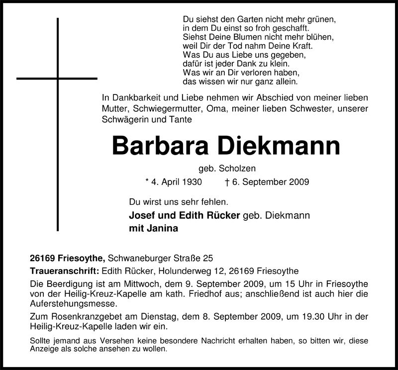  Traueranzeige für Barbara Diekmann vom 08.09.2009 aus Nordwest-Zeitung