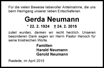 Traueranzeige von Gerda Neumann von Nordwest-Zeitung