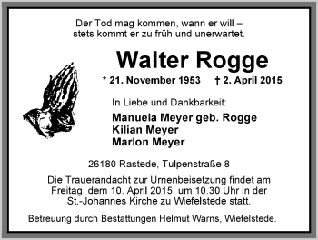Traueranzeige von Walter Rogge von Nordwest-Zeitung