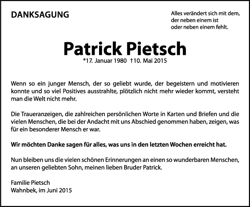  Traueranzeige für Patrick Pietsch vom 20.06.2015 aus Nordwest-Zeitung