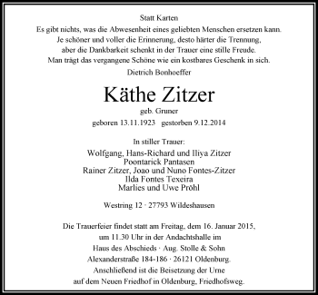 Traueranzeige von Käthe Zitzer von Nordwest-Zeitung