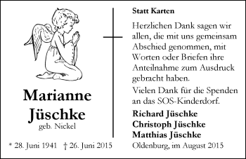 Traueranzeige von Marianne Jüschke von Nordwest-Zeitung
