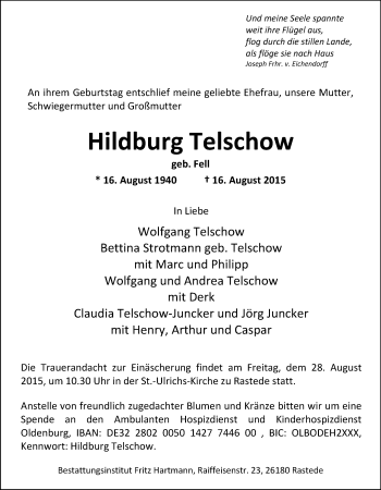 Traueranzeige von Hildburg Telschow von Nordwest-Zeitung