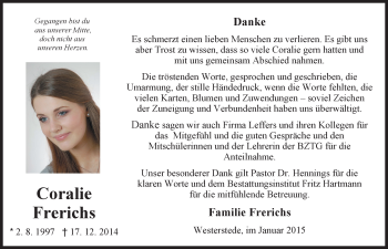 Traueranzeige von Coralie Frerichs von Nordwest-Zeitung