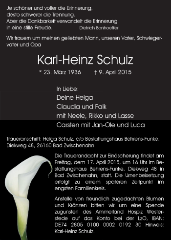 Traueranzeige von Karl-Heinz Schulz von Nordwest-Zeitung