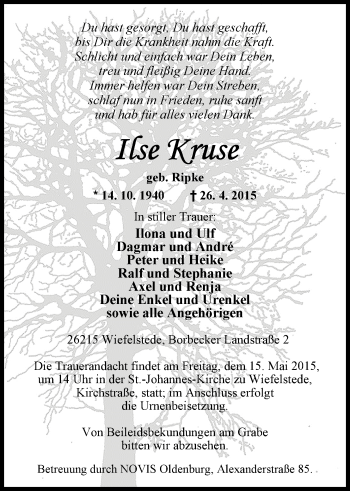 Traueranzeige von Ilse Kruse von Nordwest-Zeitung